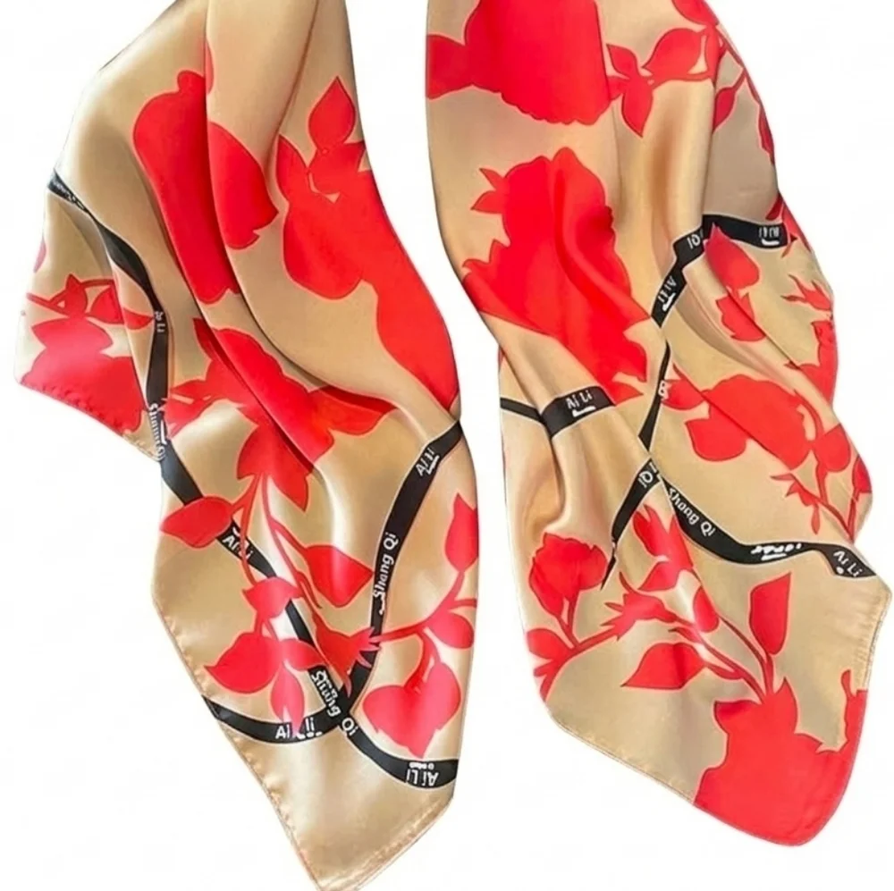 NWT Shang Qi Red Floral Silky Satin Square Scarf Head Wrap- 35